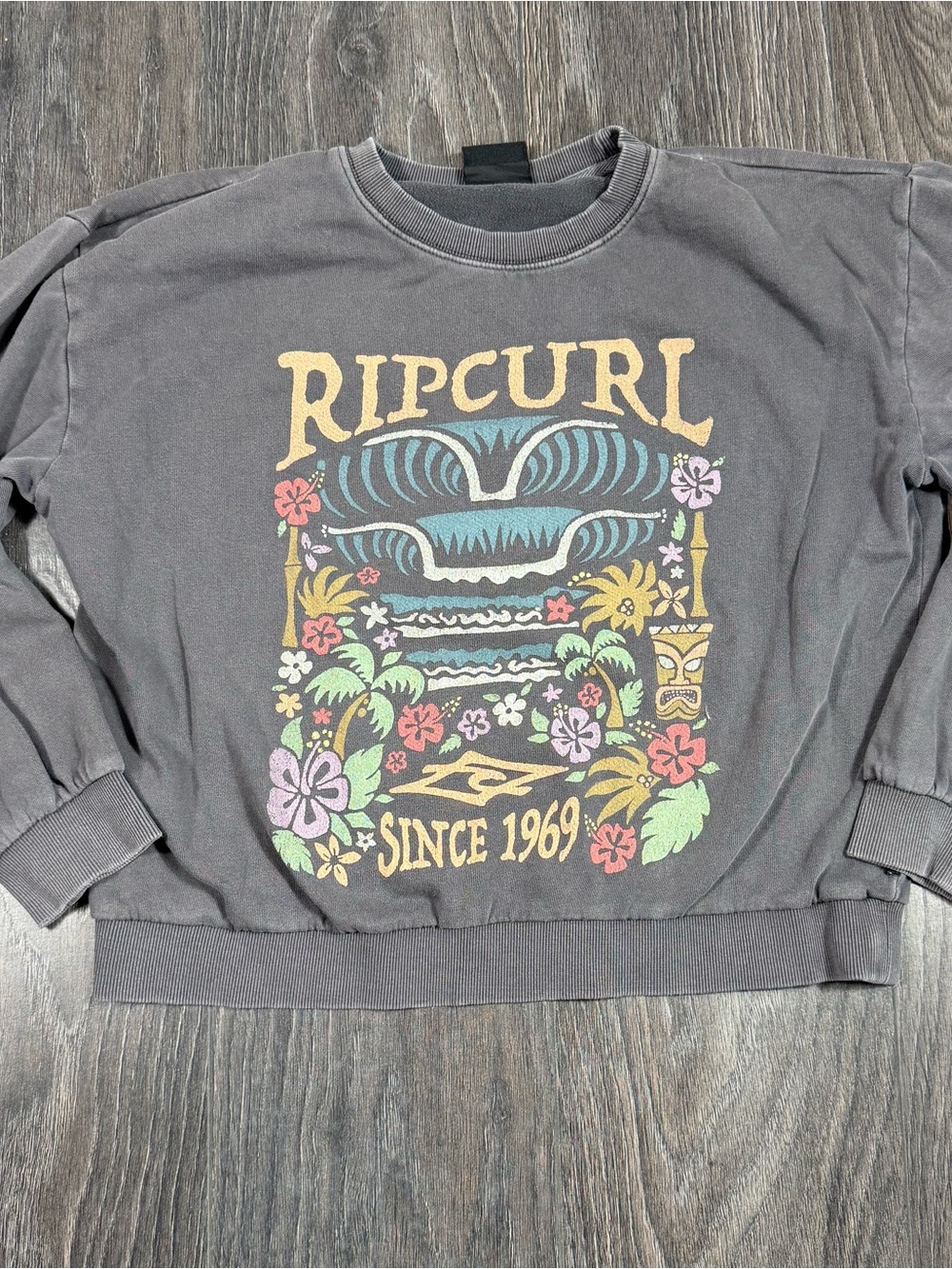 Rip Curl Charcoal Crewneck with Tropical Graphic
